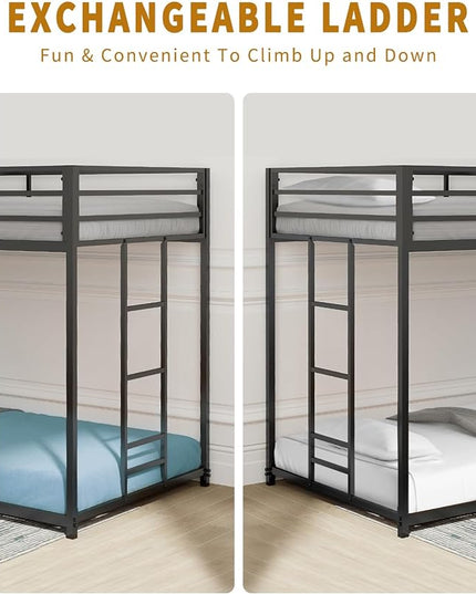 Twin Over Twin Bunk Bed - LifeSky Metal Low Profile Bunkbed with Side Ladder Black - LeafyLoom