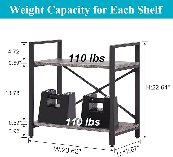 BON AUGURE Small Bookshelf for Small Space, 2 Tier Shelf Floor Bookcase for Storage, Industrial Short Low Wood Metal Book Shelves for Bedroom, Office and Living Room(Dark Gray Oak) - LeafyLoom