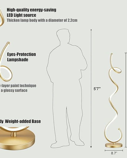 Modern Floor Lamps for Living Room, LED 53" Tall 30W Gold Spiral Corner Floor Lamp with Remote, 3 Color Temperature, Stepless Dimmable, Bright Standing Lamp for Bedroom Home Office Deco - LeafyLoom