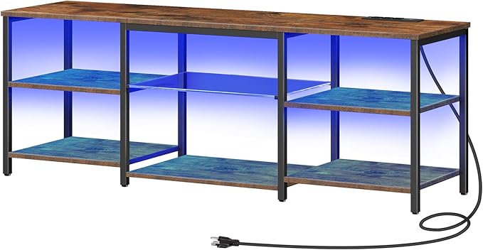 HOOBRO LED TV Stand for 65 Inch TVs with Charging Station, Gaming Entertainment Center with Open Storage, Media TV Console Table, TV Stand for Living Room, Bedroom, Rustic Brown and Black BF20UDDS01 - LeafyLoom