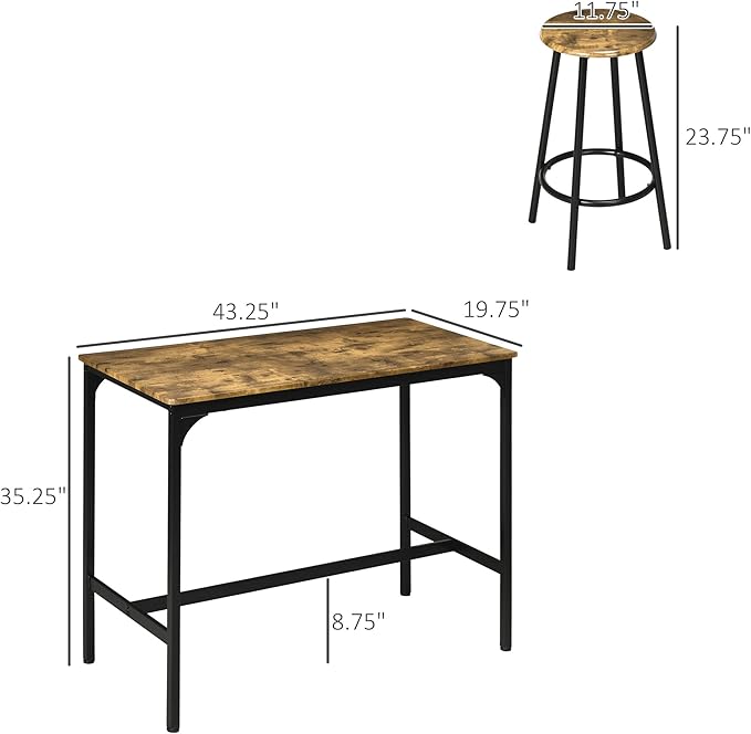 HOMCOM 5-Piece Counter Height Bar Table Set, Rustic 43.25" Dining Table with 4 Bar Stools, Kitchen Table with Wooden Top for Pub, Dining Room, Rustic Brown - LeafyLoom