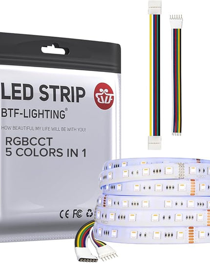 BTF-LIGHTING RGBCCT 5 Colors in 1 LED 5050SMD RGBWW RGB+Dimmable Tunable Color Temperature 2700K-6500K 16.4ft 60LEDs/m 300LEDs DC24V Multi-Colored Tape Lights IP65 White PCB(No Adapter or Controller) BTF-LIGHTING
