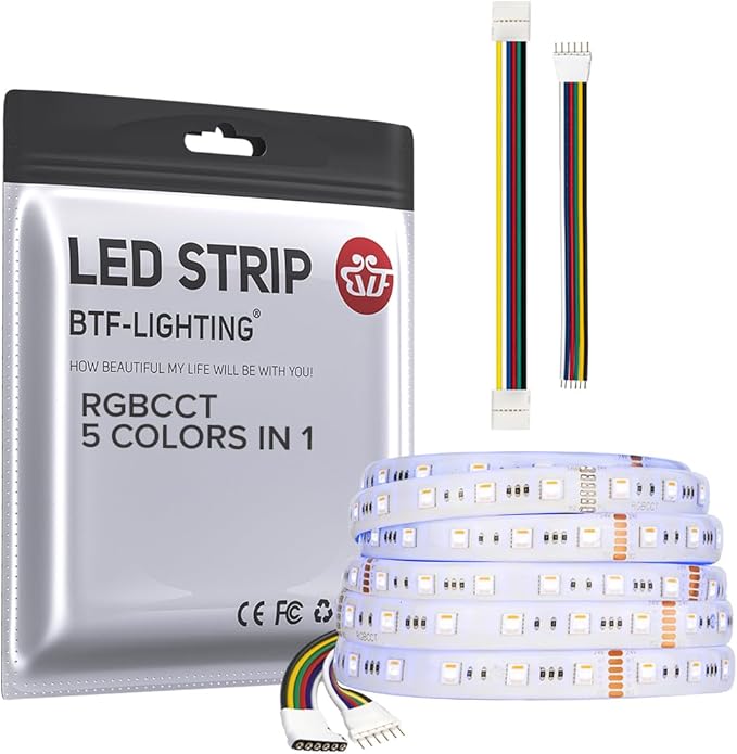 BTF-LIGHTING RGBCCT 5 Colors in 1 LED 5050SMD RGBWW RGB+Dimmable Tunable Color Temperature 2700K-6500K 16.4ft 60LEDs/m 300LEDs DC24V Multi-Colored Tape Lights IP65 White PCB(No Adapter or Controller) BTF-LIGHTING