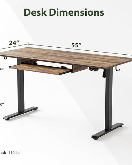 Height Adjustable Desk with Keyboard Tray, 55 x 24 Inches Electric Standing Desk, Stand up Computer Table with Memory Preset, Modern Lift Motorized Gaming Workstation, Rustic Brown - LeafyLoom