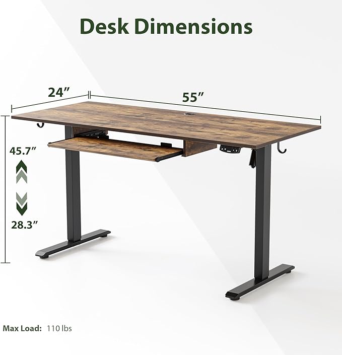 Height Adjustable Desk with Keyboard Tray, 55 x 24 Inches Electric Standing Desk, Stand up Computer Table with Memory Preset, Modern Lift Motorized Gaming Workstation, Rustic Brown - LeafyLoom
