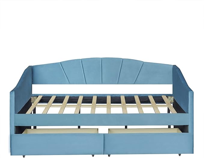 Twin Size Upholstered Daybed with 2 Storage Drawers, Elegant Sofa Bed Day Bed Frame with Wood Slat Support for Bedroom, Living Room Guestroom, No Box Spring Needed, Blue - LeafyLoom