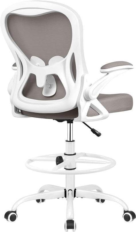 Drafting Chair, Tall Office Chair Ergonomic Standing Desk chair, Lumbar Support Computer Chair Swivel Task Rolling Chair with Adjustable Flip-up Armrests & Foot Ring (Gray) - LeafyLoom