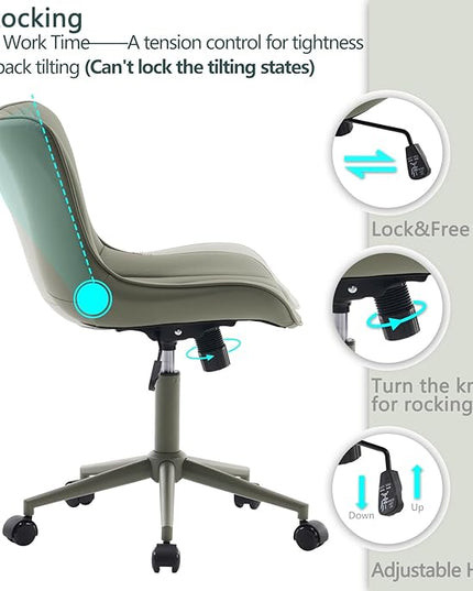 YOUTASTE Deep Green Office Chair Modern Armless Desk Chair with Wheels Adjustable Swivel Rocking Rolling Computer Study Chairs Faux Leather Sewing Chairs with Back Stylish Vanity Chair - LeafyLoom