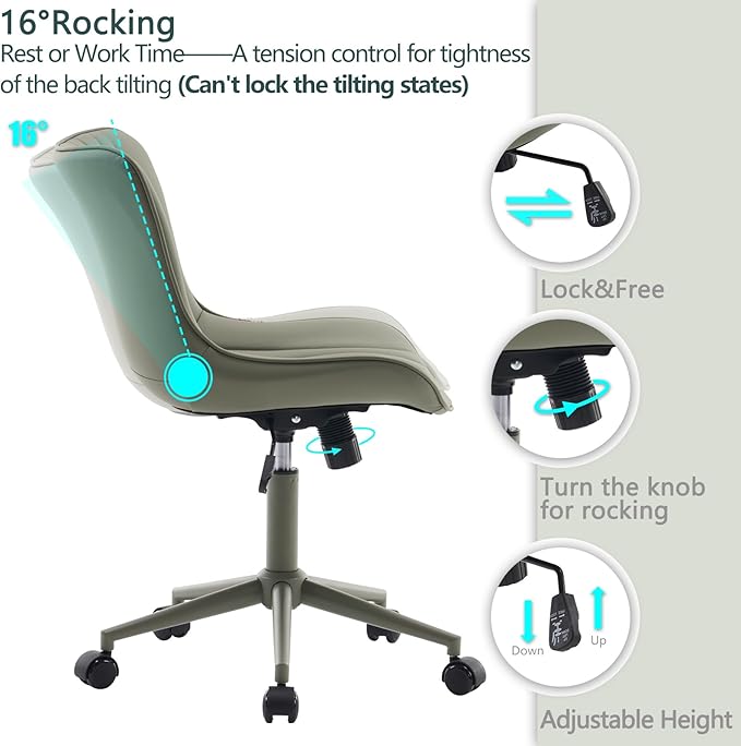 YOUTASTE Deep Green Office Chair Modern Armless Desk Chair with Wheels Adjustable Swivel Rocking Rolling Computer Study Chairs Faux Leather Sewing Chairs with Back Stylish Vanity Chair - LeafyLoom