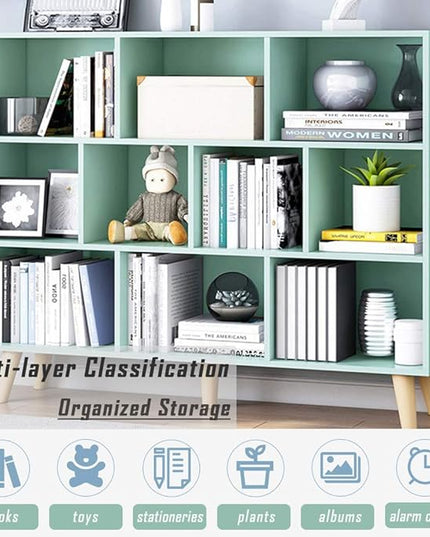 IOTXY Wooden Open Shelf Bookcase - 3-Tier Floor Standing Display Cabinet Rack with Legs, 10 Cubes Bookshelf, Tiffany-Green - LeafyLoom