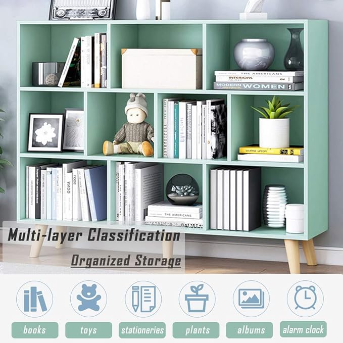 IOTXY Wooden Open Shelf Bookcase - 3-Tier Floor Standing Display Cabinet Rack with Legs, 10 Cubes Bookshelf, Tiffany-Green - LeafyLoom