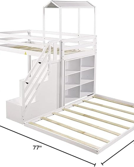 Stairway Twin over Full House Bunk Bed with Storage Shelves & Roof Design,Wooden Bunkbeds wtih Safety Guardrails for Kids/Teen/Adults Bedroom,Space Saving, White - LeafyLoom