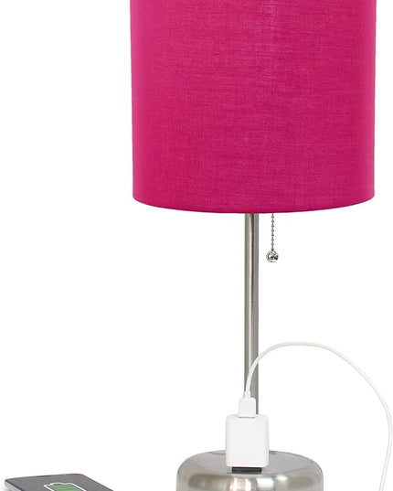 Simple Designs LT1144-PNK Sleek and Slender Brushed Steel Table Lamp with Charging Outlet, for Bedroom, Living Room, Entryway, Office, Dining Room, Study, Pink Shade - LeafyLoom