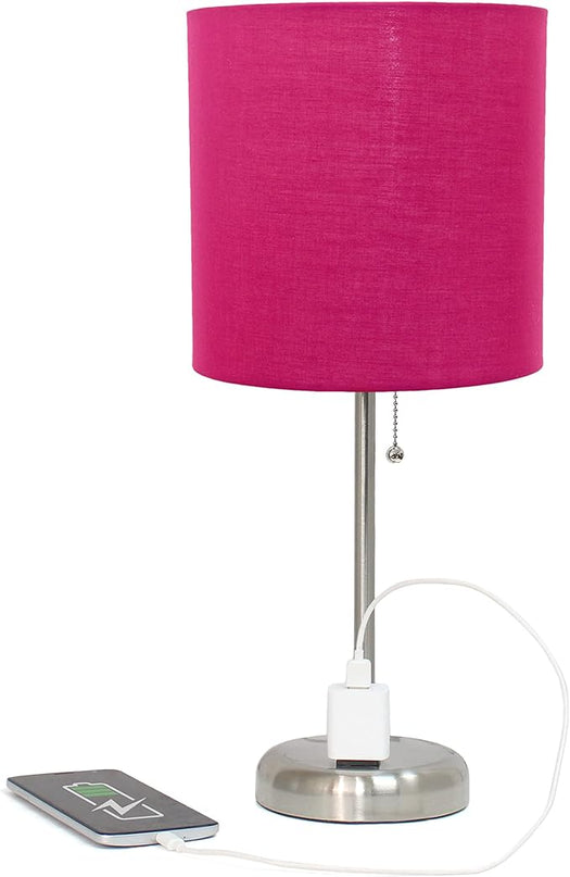 Simple Designs LT1144-PNK Sleek and Slender Brushed Steel Table Lamp with Charging Outlet, for Bedroom, Living Room, Entryway, Office, Dining Room, Study, Pink Shade - LeafyLoom