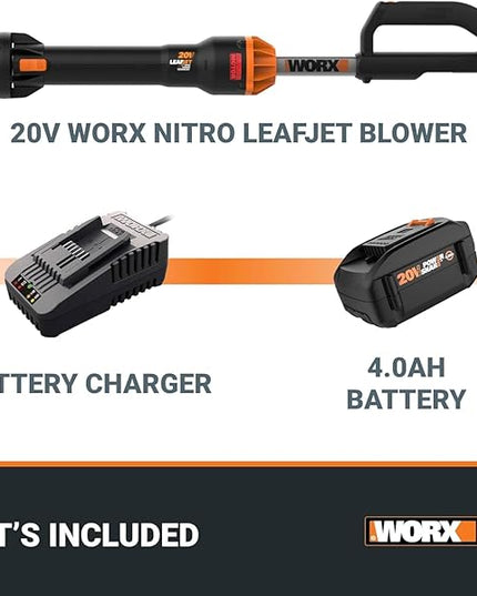Worx Nitro WG543 20V LEAFJET Leaf Blower Cordless with Battery and Charger, Blowers for Lawn Care Only 3.8 Lbs., Cordless Leaf Blower Brushless Motor – Battery & Charger Included - LeafyLoom