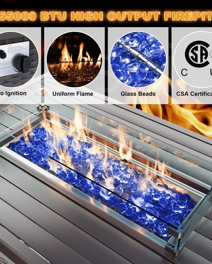 Patio Furniture Set with Fire Pit Table 8-Piece Outdoor Sectional Furniture Outdoor Rattan Patio Conversation Sets with 43in 55,000 BTU Propane Gas Fire Pit Table Glass Table, Navy Blue - LeafyLoom
