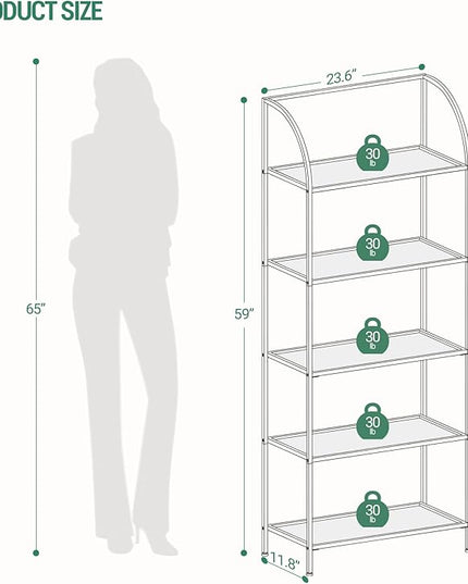 Bookcase Bookshelf, Tempered Glass Arched Bookshelf for More Storage, Slim Shelving Unit for Bedroom, Bathroom, Home Office, Steel Frame, Wide 5 Tier Gold BC22599G - LeafyLoom