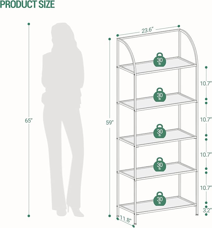 Bookcase Bookshelf, Tempered Glass Arched Bookshelf for More Storage, Slim Shelving Unit for Bedroom, Bathroom, Home Office, Steel Frame, Wide 5 Tier Gold BC22599G - LeafyLoom