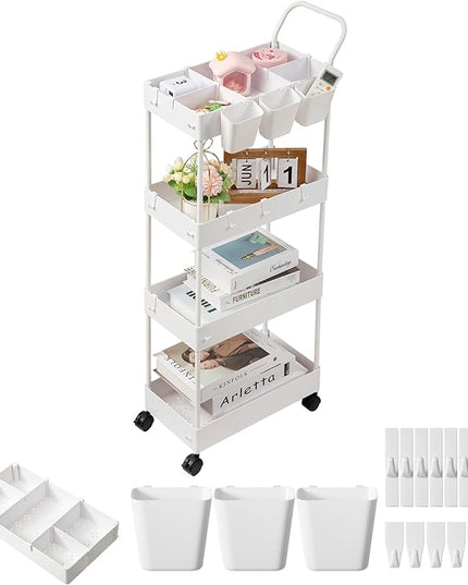danpinera Storage Cart, 4 Tier Narrow Rolling Storage Cart with Wheels Dividers Bathroom Cart Organizer Slim Laundry Cart with Handle Hanging Cups Hooks, White - LeafyLoom