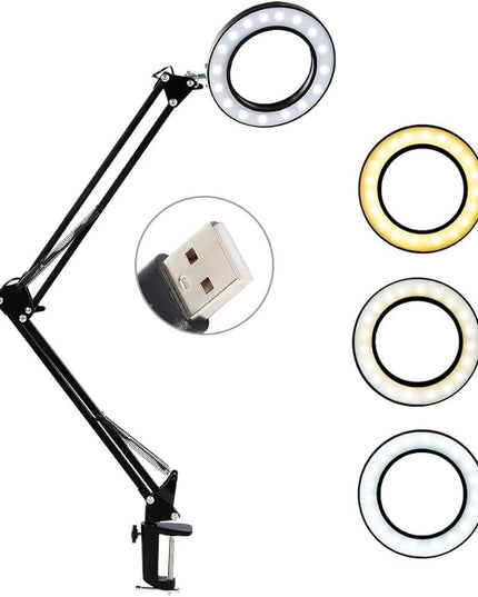 8X Magnifying Glass LED Light with Clamp, 12W Dimmable Magnifier Desk Lamp with 3 Light Colors 10 Brightness, 6.3″ Real Glass Lens, Adjustable Swivel Arm Magnifier Light for Reading Close Work Craft - LeafyLoom