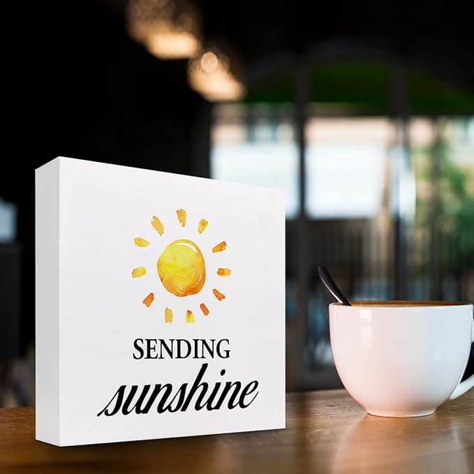 Sending Sunshine Wood Block Sign Desk Decor,Rustic Inspirational Wooden Box Plaque Sign Desk Decor for Home Office Shelf Table Decorations - LeafyLoom