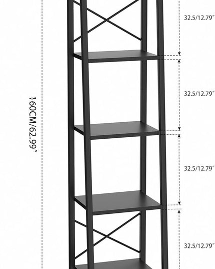 YMYNY 5 Tiers Ladder Bookcase, Industrial Narrow Bookshelf, Open Display Rack with 4 S Hooks, Metal Storage Shelves for Bedroom, Home Office, Living Room, Black, 63H*13.4L*11.8W, UHBC025B - LeafyLoom