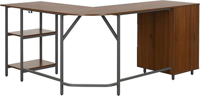 Techni Mobili L Shaped Desk - Two-Toned Computer Desk with Drawers & Storage Shelves - Simple Modern Furniture & Home Office Space Corner Table for Work & Writing - LeafyLoom