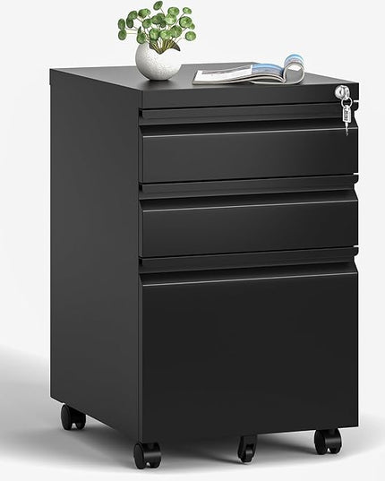 3 Drawers Mobile File Cabinet, Rolling File Cabinet Fully Assembled Under Desk, Metal Filing Cabinet with Lock for Home Office Organizer Letters/Legal/A4 (Black) - LeafyLoom
