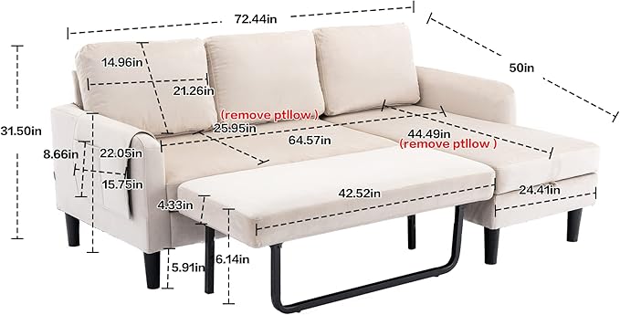 72.44" L-Shaped Reversible Sectional Sofa w/Pull Out Bed & Storage Chaise Lounge,Interior Furniture Comfy Sleeper Corner Couch with 3 Throw Pillows and Pockets,for Dorm,Apartment,Beige - LeafyLoom