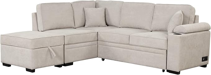 87.4" L Shape Sleeper Sectional Sofa w/Pull Out Bed & Storage Ottoman, Velvet Upholstered Couch, for Living Room, Bedroom and Small Apartment, 87.4 Inch, Knox Charcoal - LeafyLoom