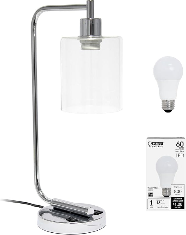 Simple Designs LD1066-CHR-LB Industrial Vintage Bronson Iron Lantern Desk Table Lamp with USB Port and Glass Cylinder Shade for Office, Living Room, Bedroom, Chrome, with Feit LED Bulb Included - LeafyLoom