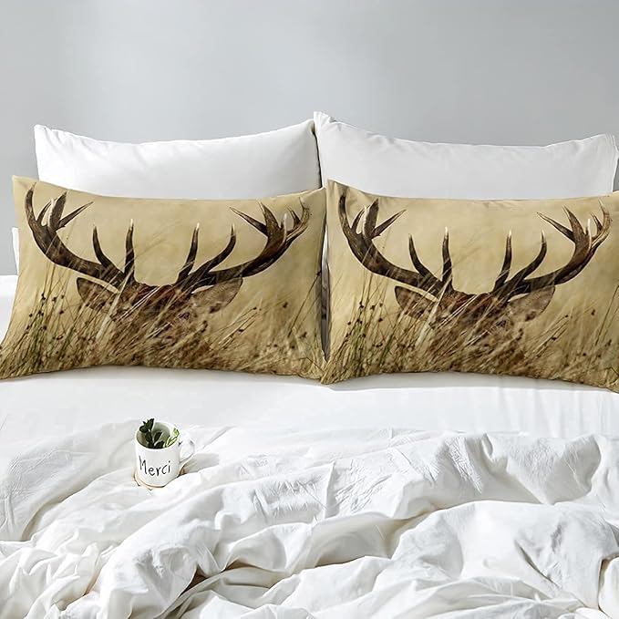 Antler Comforter Set King, Whitetail Deer Down Comforter, Stag Quilted Duvet, Countryside Rural Hunting Theme Comforter Set for Christmas Decorations Bedroom Decor All Season, Ultra Lightweight - LeafyLoom