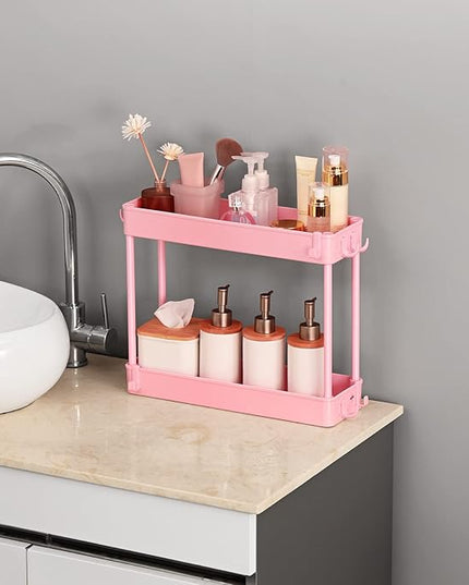 TOOLF Slim Rolling Storage Cart, 3 Tier Utility Cart on Wheels with Hooks, Bathroom Rolling Cart Organizer, Thin Mobile Shelving Unit for Laundry Kitchen Dorm for Nursery Diaper Craft Snack, Pink - LeafyLoom