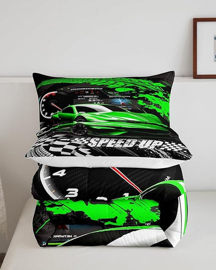 Feelyou Kids Boys Girls Race car Comforter Full Size, Green Race Car Buffalo Plaid Comforter Set for Teens Toddler Sports Car Bedding Set Racing Car Duvet Set Bed Set Room Decor Bedding Collection - LeafyLoom