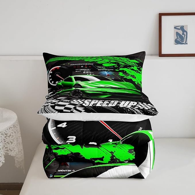 Feelyou Kids Boys Girls Race car Comforter Full Size, Green Race Car Buffalo Plaid Comforter Set for Teens Toddler Sports Car Bedding Set Racing Car Duvet Set Bed Set Room Decor Bedding Collection - LeafyLoom
