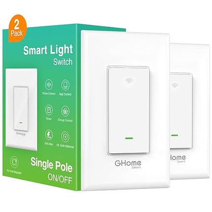GHome Smart Switch, 2.4Ghz Wi-Fi Switch Works with Alexa, Google Assistant Single-Pole,Neutral Wire Required,UL Certified,Remote/Voice Control and Schedule, No Hub Required, (2 Pack),White GhomeSmart
