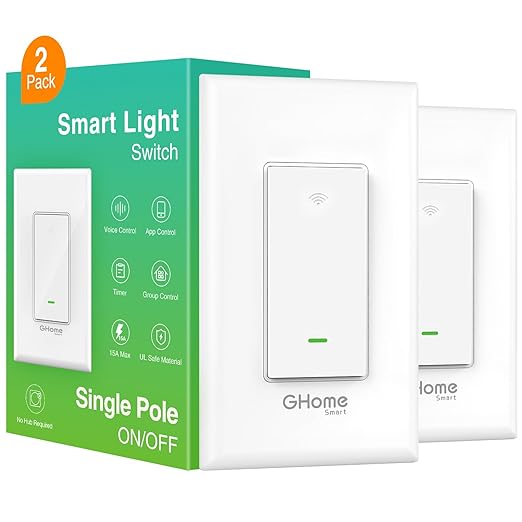 GHome Smart Switch, 2.4Ghz Wi-Fi Switch Works with Alexa, Google Assistant Single-Pole,Neutral Wire Required,UL Certified,Remote/Voice Control and Schedule, No Hub Required, (2 Pack),White GhomeSmart