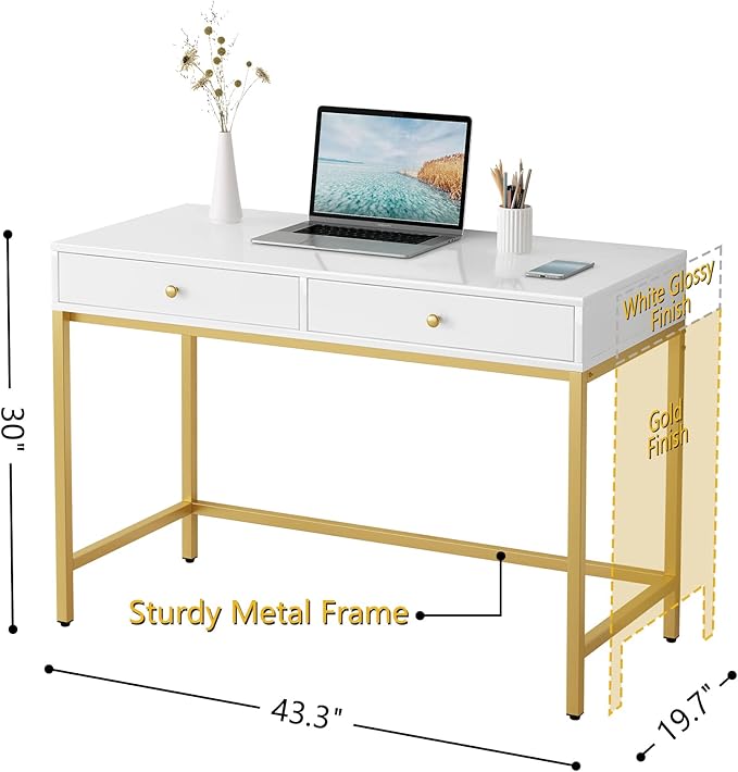 White-Vanity-Desk with 2 Drawers, White/Gold Home-Office-Desks Glossy Desktop Makeup-Vanity-Table Modern Writing Computer Standing Desk with Wood Top and Metal Frame for Home Office Bedroom Furniture - LeafyLoom