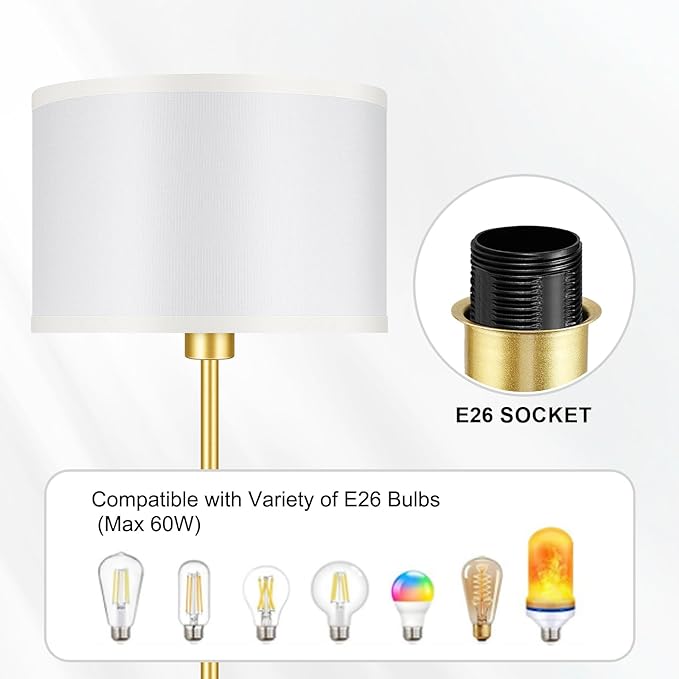 BoostArea Floor Lamp Standing Lamp Gold, 59" Tall Lamps for Living Room, Simple Pole Lamp with White Shade, On/Off Foot Pedal, Bright Dimming Lamp for Kids Room Bedroom Office Decor(9W Bulb Included) - LeafyLoom