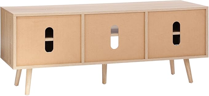 VEVOR Rattan TV Stand, Boho TV Cabinet for 55 inch TV, Mid Century Modern TV Stand, Rattan TV Console with Adjustable Shelfs for Living Room, Media Room, Oak - LeafyLoom