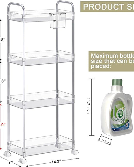 SPACEKEEPER Acrylic Rolling Storage Cart 4 Tier Clear Bathroom Cart Organizer, Transparency Rolling Utility Cart Laundry Room Organization Multifunction Mobile Shelving Unit for Office, Living Room - LeafyLoom