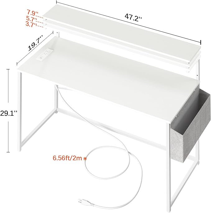 Yoobure Computer Desk with Power Outlets Fast Charging Type-C, Gaming Desk with LED Lights, 47" Office Desk with Adjustable Monitor Stand, Small Desk Home Office Desks with Storage Bag & Hook - LeafyLoom