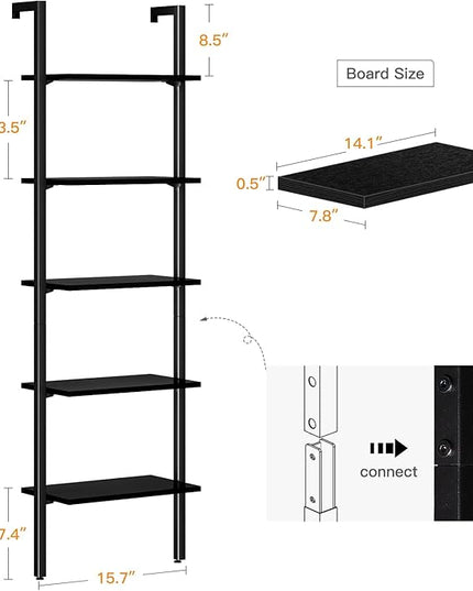 ODK Ladder Shelf, 5 Tier Black Bookshelf, 72 Inch Wall Mounted Book Shelf with Metal Frame, Ladder Bookshelf Bookcase for Bedroom, Home Office and Living Room - LeafyLoom