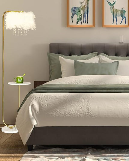 Unique Led White Feather Floor Lamp with Tray,Ostrich Feather Stand Lamp,Living Room Bedroom Office Shop Window Decoration Lamp,Foot Switch and Brass/Gold Finish Arc Floor Lamp - LeafyLoom