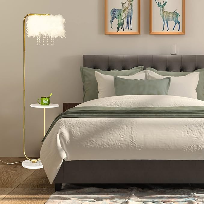 Unique Led White Feather Floor Lamp with Tray,Ostrich Feather Stand Lamp,Living Room Bedroom Office Shop Window Decoration Lamp,Foot Switch and Brass/Gold Finish Arc Floor Lamp - LeafyLoom