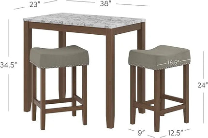 Nathan James Viktor 3 Piece Dining Set, Heigh Kitchen Counter Pub or Breakfast Table with Marble Top and Fabric Wood Base Seat, Gray/Dark Brown - LeafyLoom
