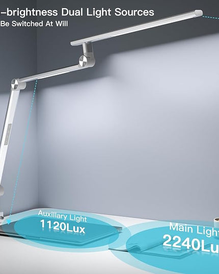 LED Desk Lamp, Desk Light for Home Office, Dual Light Source 18W Brightest, Eye-Caring Optical Lens, Task Lamp, 5 Color Modes & Brightness, Aluminum Alloy Clip on Lamp, Clamp Lamp, Silver - LeafyLoom