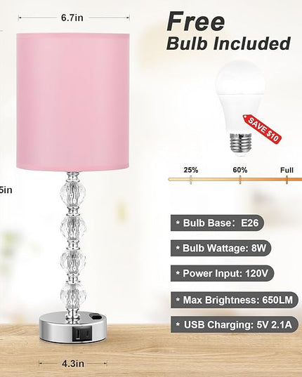 Acaxin Touch Bedside Crystal Lamps for Bedrooms Nightstand with USB C+A Charging Port and AC Outlet White, 3 Way Dimmable Silver Large End Side Table Lamp for Living/Guest/Dinning Room/Kitchen - LeafyLoom