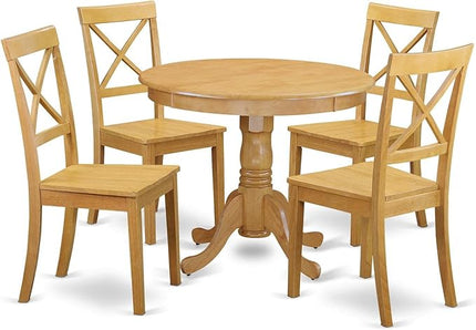 East West Furniture ANBO5-OAK-W Antique 5 Piece Modern Set Includes a Round Kitchen Table with Pedestal and 4 Dining Chairs, 36x36 Inch - LeafyLoom