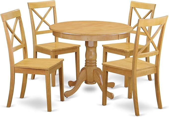 East West Furniture ANBO5-OAK-W Antique 5 Piece Modern Set Includes a Round Kitchen Table with Pedestal and 4 Dining Chairs, 36x36 Inch - LeafyLoom